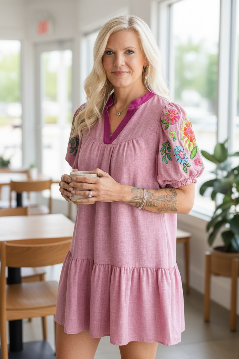 EMBROIDERY BALLOON SLEEVE DRESS