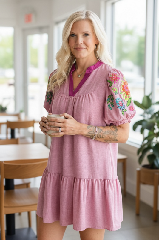 EMBROIDERY BALLOON SLEEVE DRESS