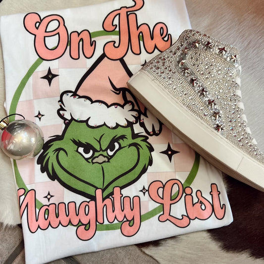 Grinch Naughty List White With Bling Tee