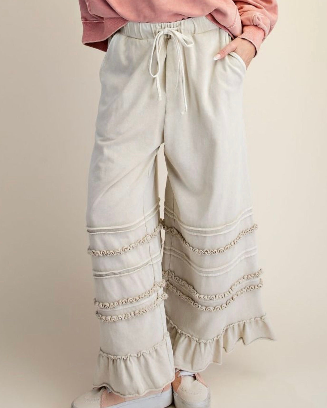 MINERAL WASH ECRU RUFFLED PALAZZ0