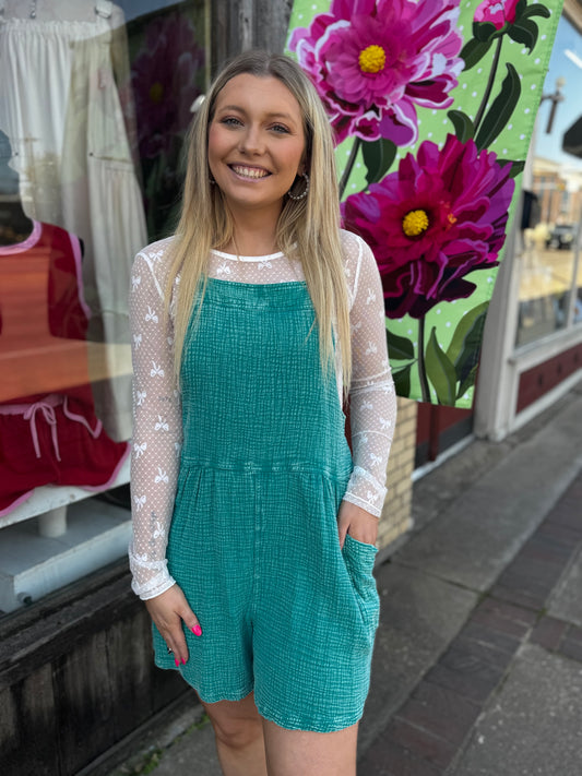 Here I Am Aqua Shorts Overalls