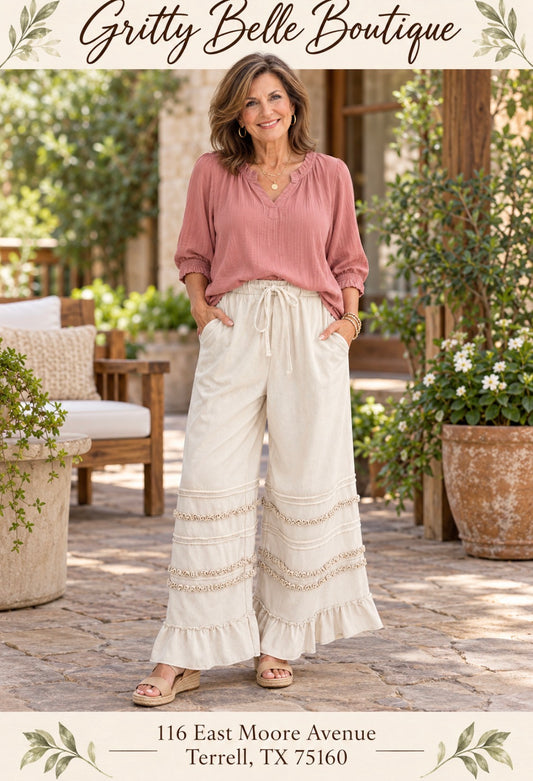 MINERAL WASH ECRU RUFFLED PALAZZ0