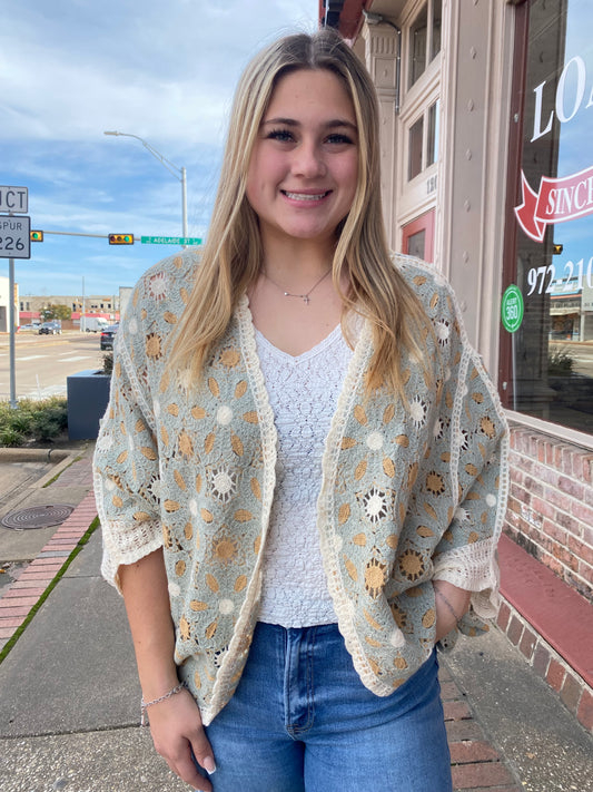 SAGE CROCHET KIMONO CARDIGAN