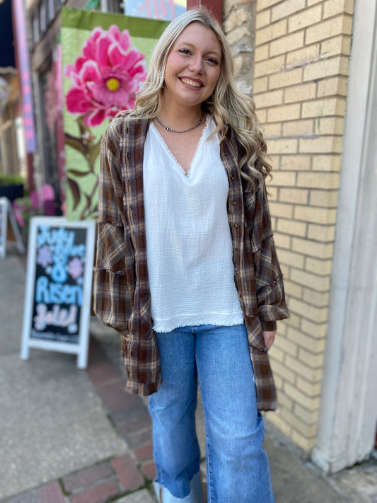 BOHO COFFEE PLAID OVERSIZED BUTTON DOWN