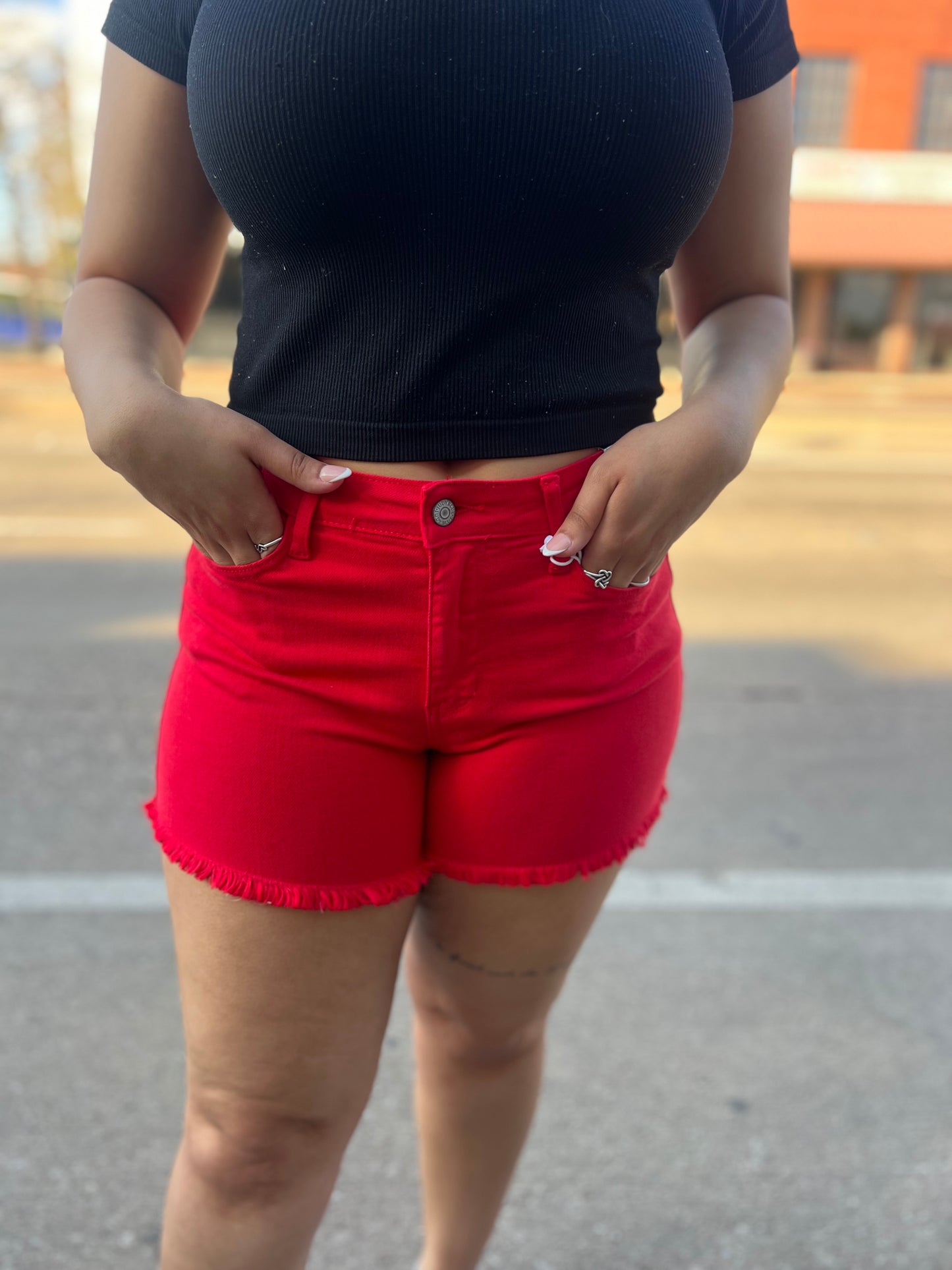 Judy Blue Red Hot Fray Hem Shorts