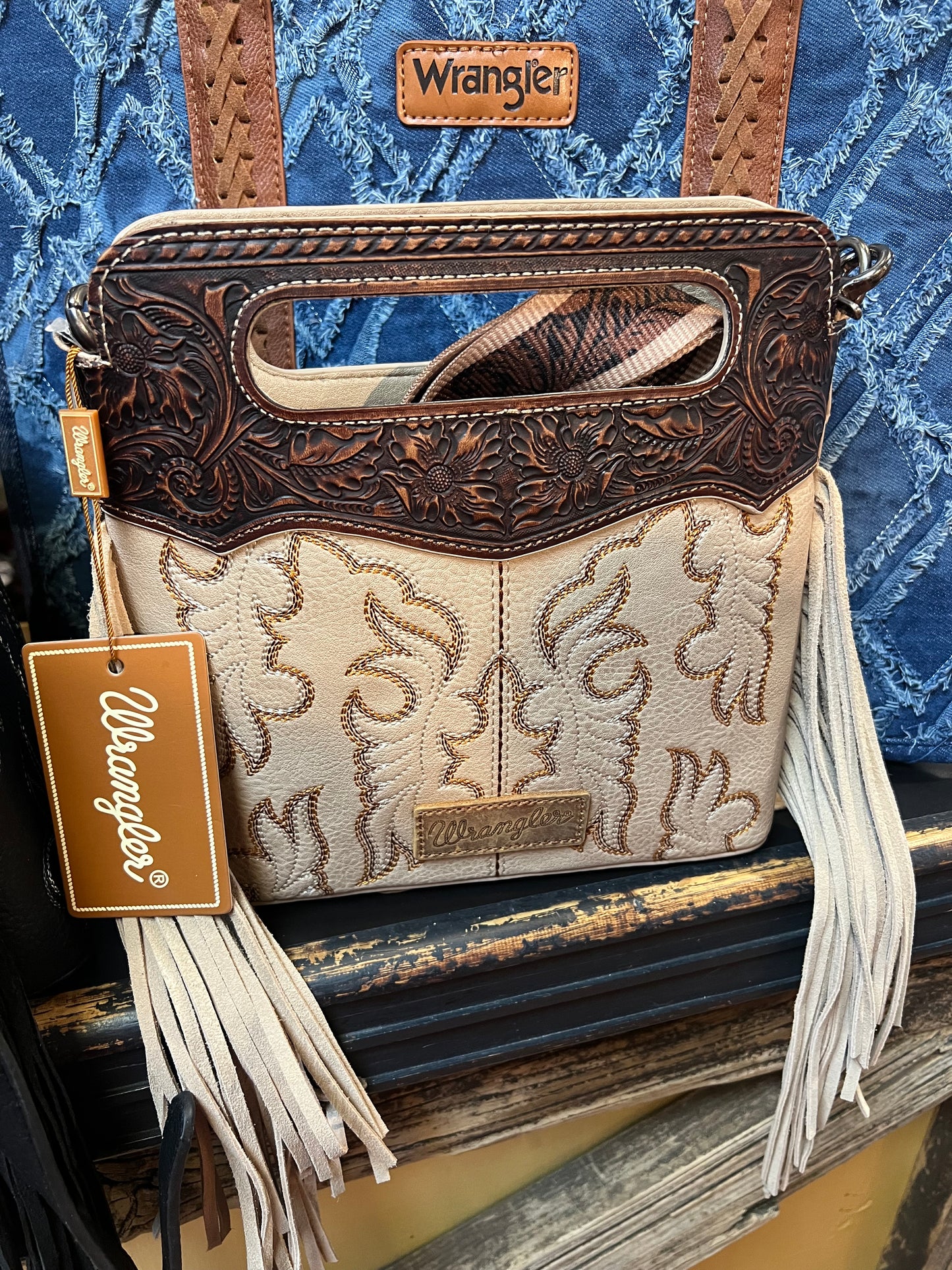 Wrangler Western Tooled Fringe Tan Small Purse