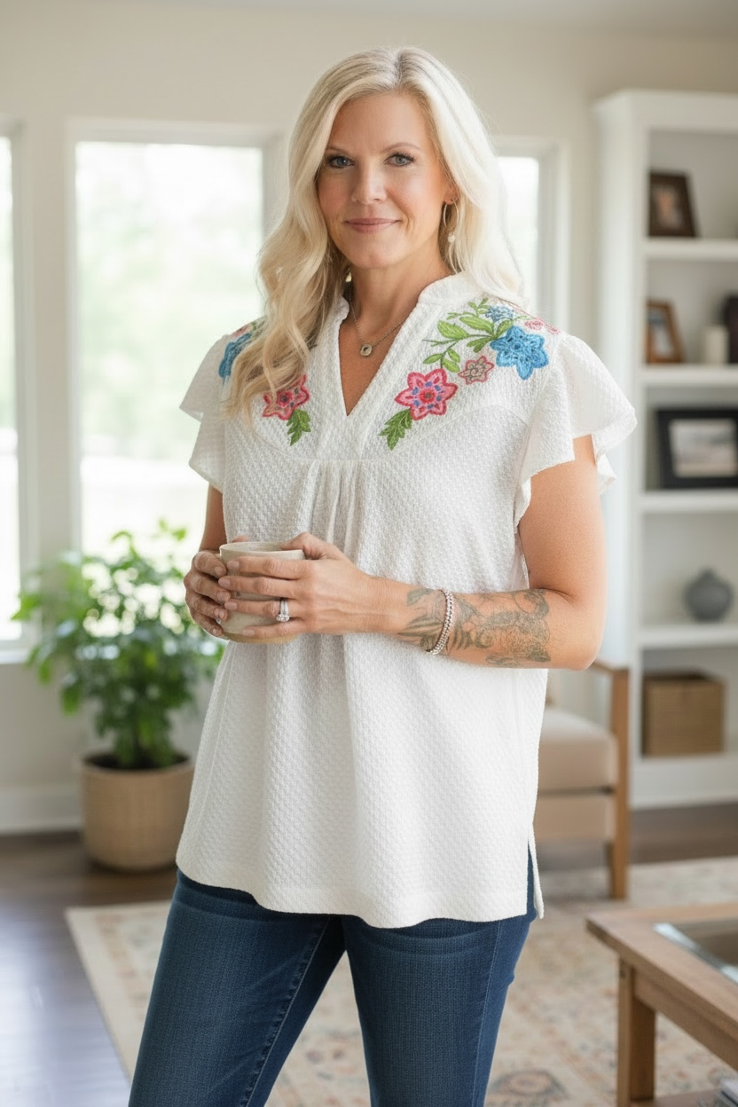 IVORY FLORAL JACQUARD TOP