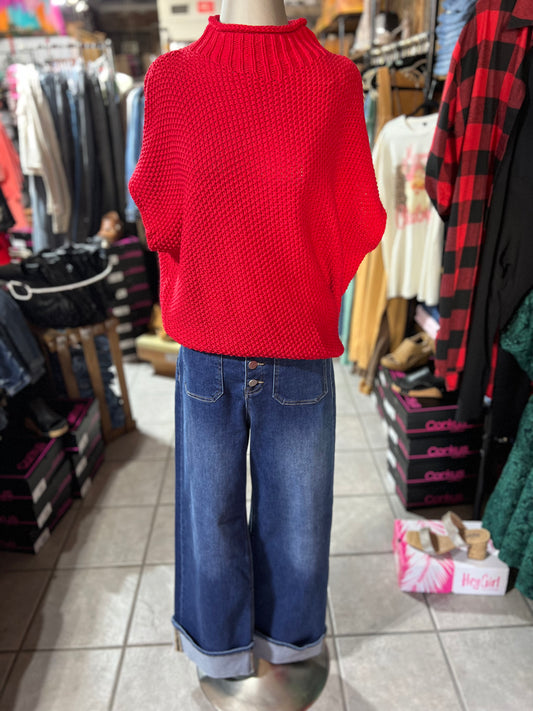 Red Mock Neck Sweater Top