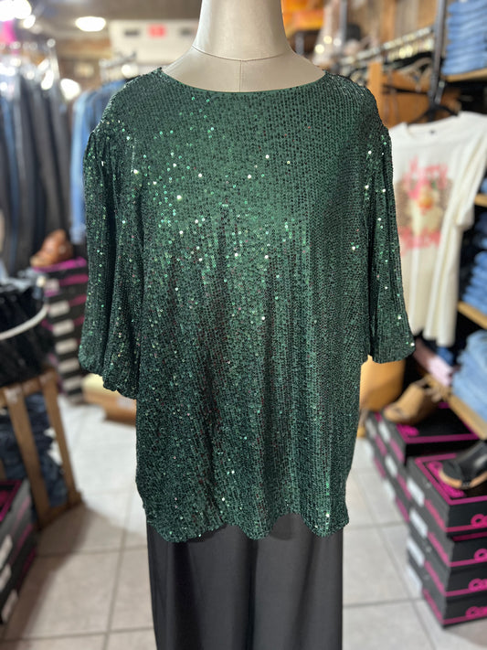 Green Sequin Top with Puff Sleeves