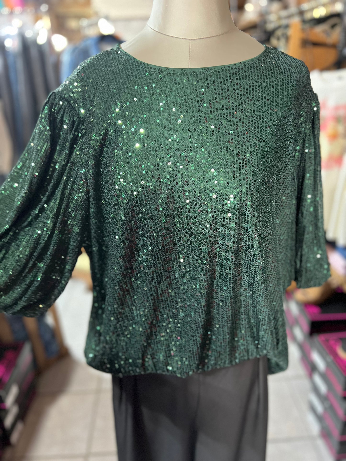 Green Sequin Top with Puff Sleeves