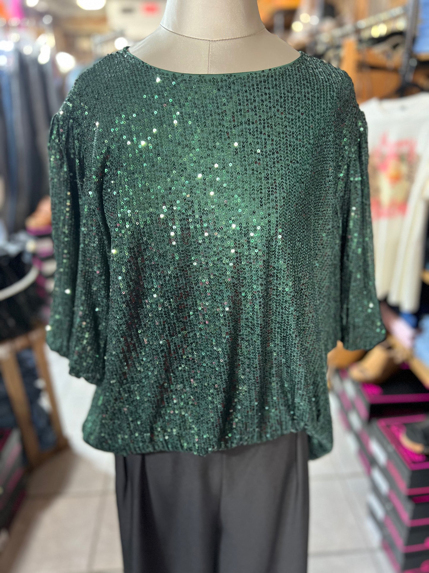 Green Sequin Top with Puff Sleeves