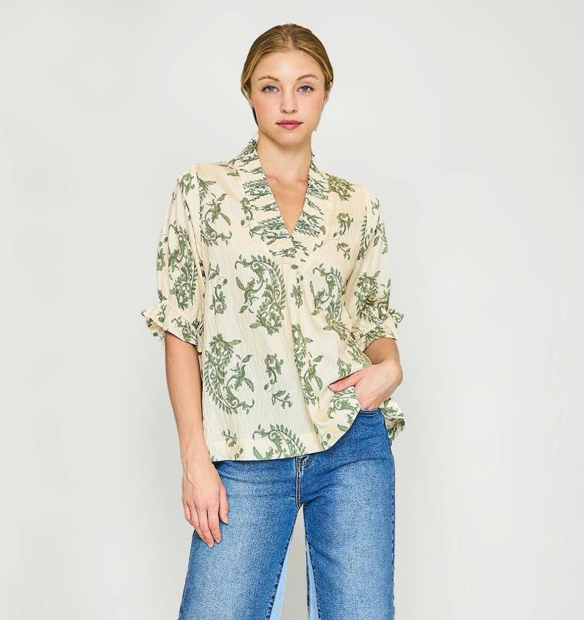 Green Paisley V Neck Top