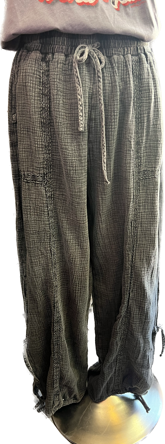 Black Cotton Gauze Lace Boho Pants