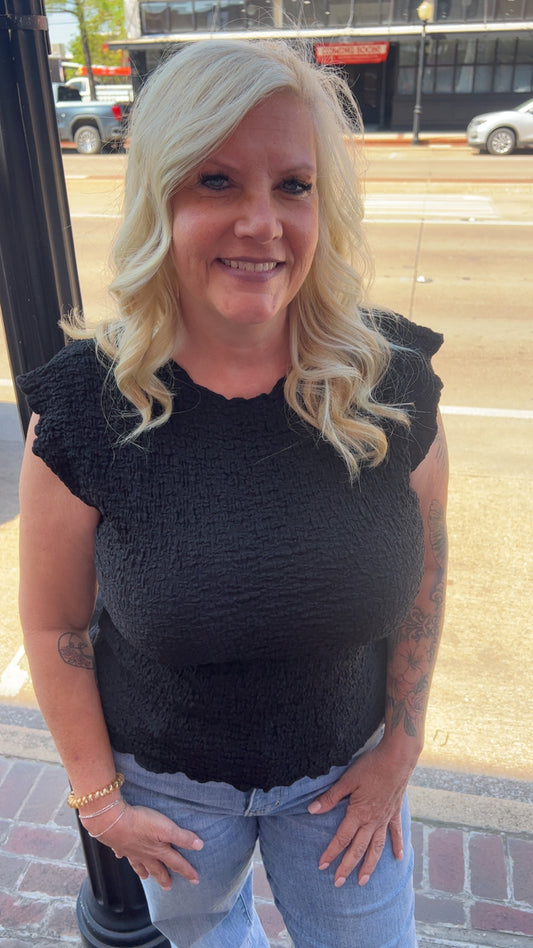 Black Ruched Cap Sleeve Top