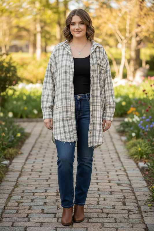Boho Natural Plaid Oversized  Button Down