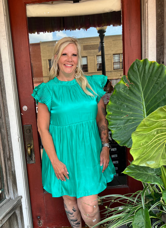 Emerald Silky Ruffled Sleeve dress