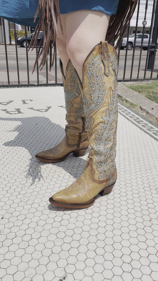 CORRAL WOMENS TAN TURQUOISE CRYSTAL EMBROIDERY TALL BOOTS