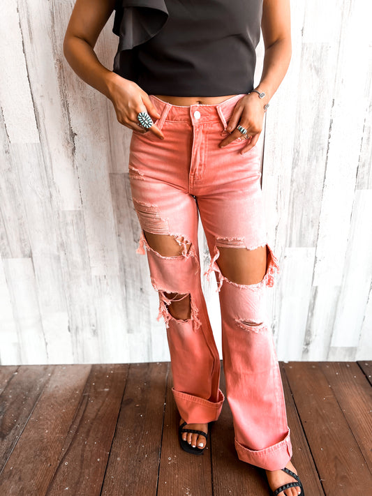 Coral 90's Flares Distressed
