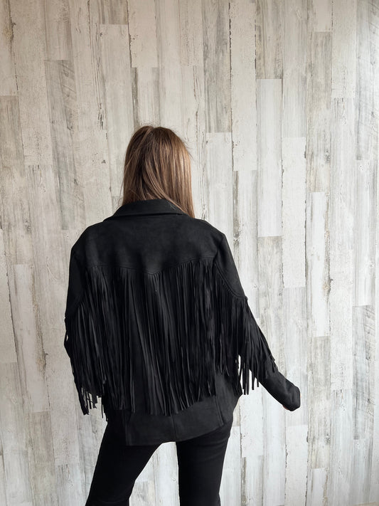 Black Faux Suede Fringe Jacket