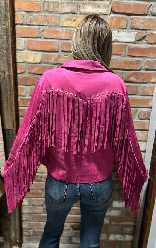 Suede Eyelet Fringe Hot Pink Jacket