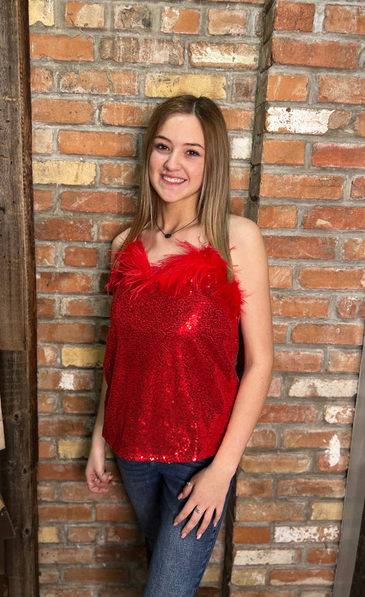 Red Sequin Feather Top