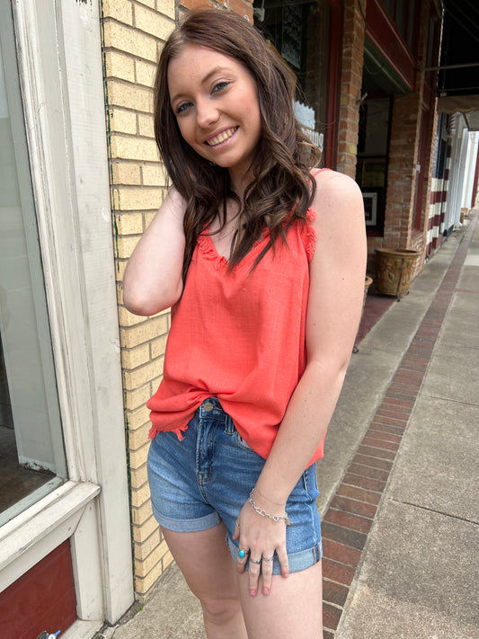 Coral Pink Frayed Hem Tank