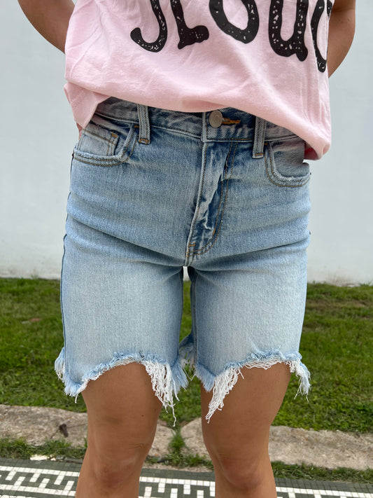 Kerri High Rise Fray Hem Bermuda Shorts
