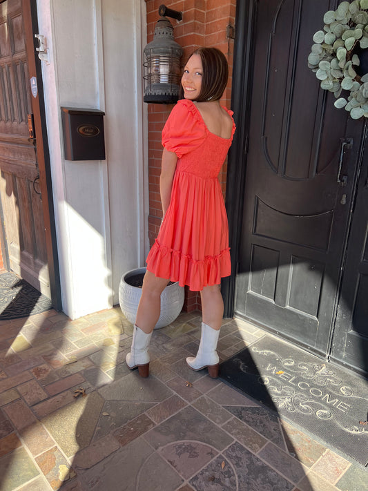 Coral Puff Sleeve Dresss