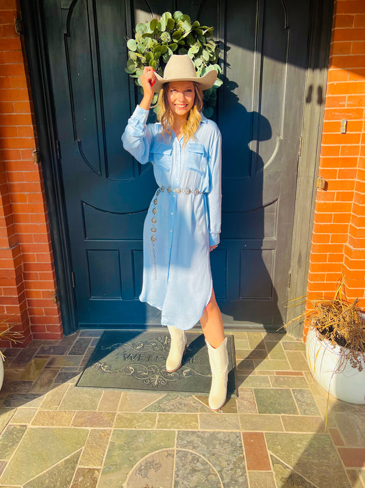 Silky Sky Blue Long Button Up