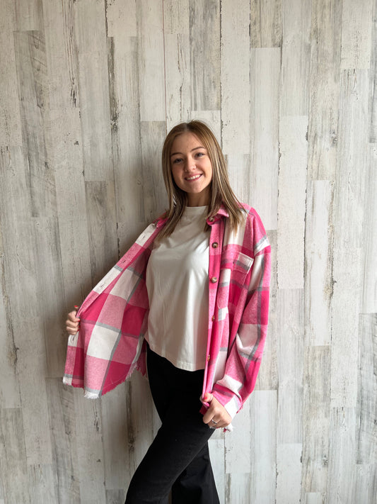 Pink Plaid Frayed Shacket