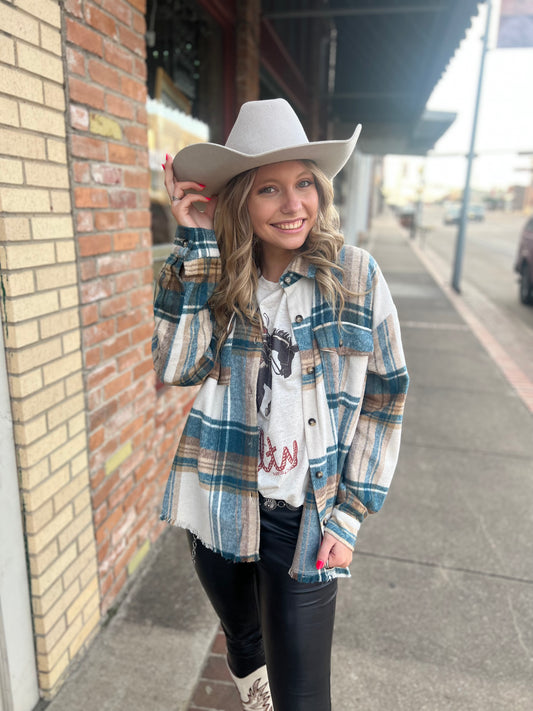 Teal Frayed Plaid Shacket