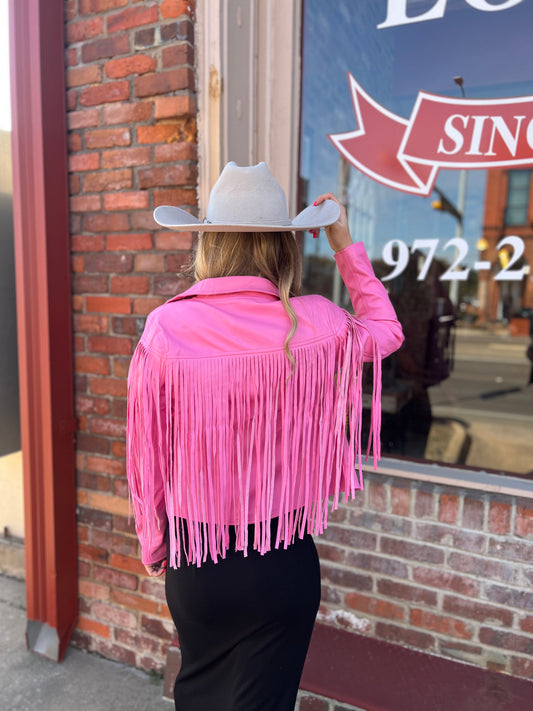 Pink Cadillac Fringe Faux Leather Jacket