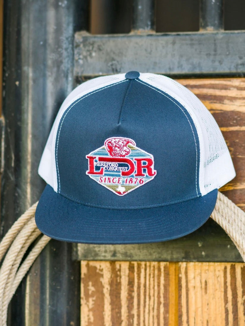 Lazy J Navy Hat with Red & Teal Conquest patch
