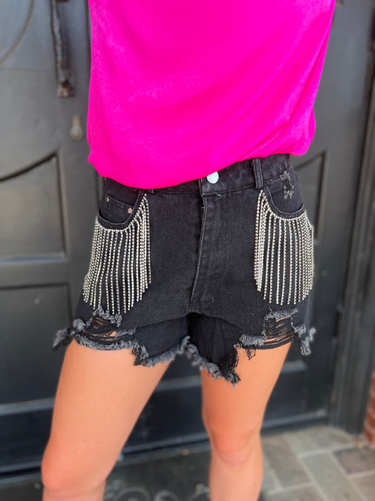 Black Rhinestone Fringe Shorts
