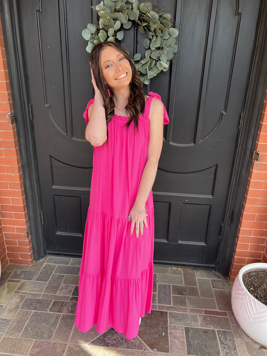 Hot Pink Tiered Tie Strap Dress