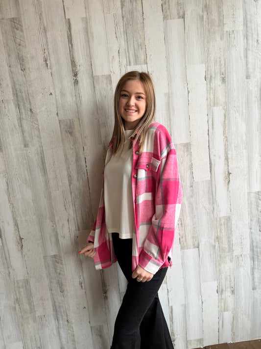 Pink Plaid Frayed Shacket