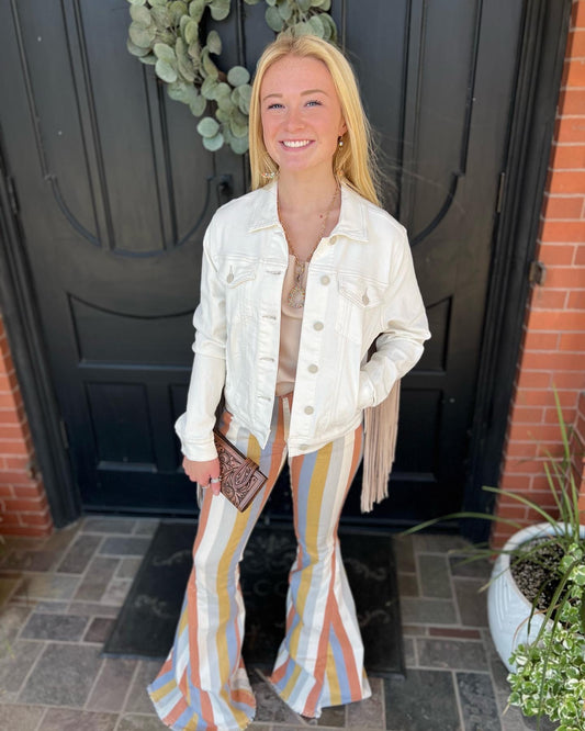 Judy Blue White Denim Taupe Fringe Jacket