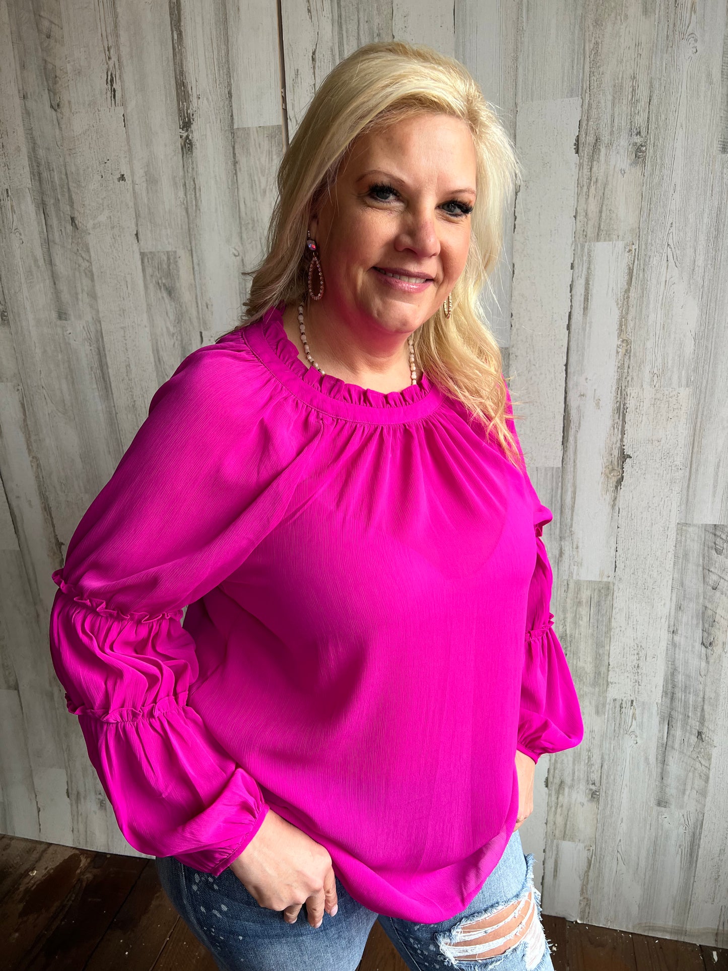 Hot Pink Ruched Sleeve Top