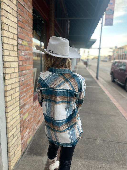 Teal Frayed Plaid Shacket