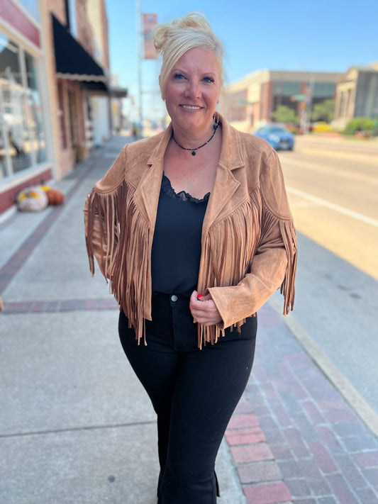 Camel Faux Suede Fringe Jacket