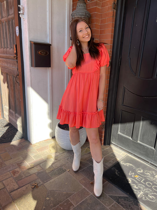 Coral Puff Sleeve Dresss