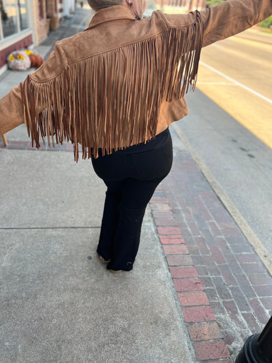 Camel Faux Suede Fringe Jacket